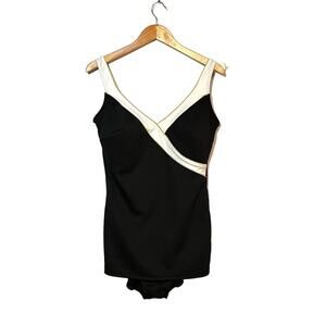 Vintage Longitude Swimsuit Size 14 One Piece Modest Black White Gold